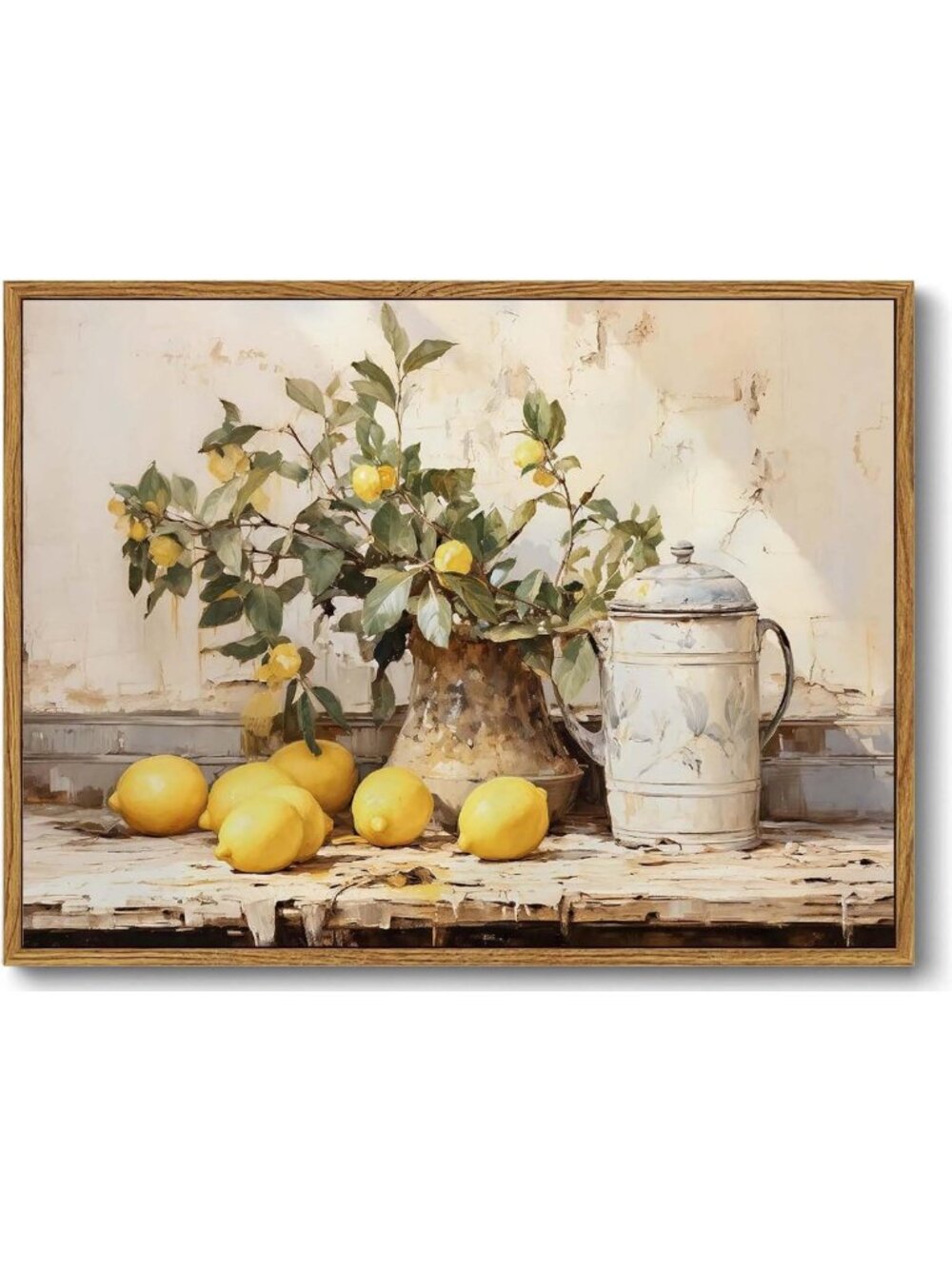 Framed Vintage Kitchen Wall Art - Yellow Lemon Still Life Canvas Print, Rustic